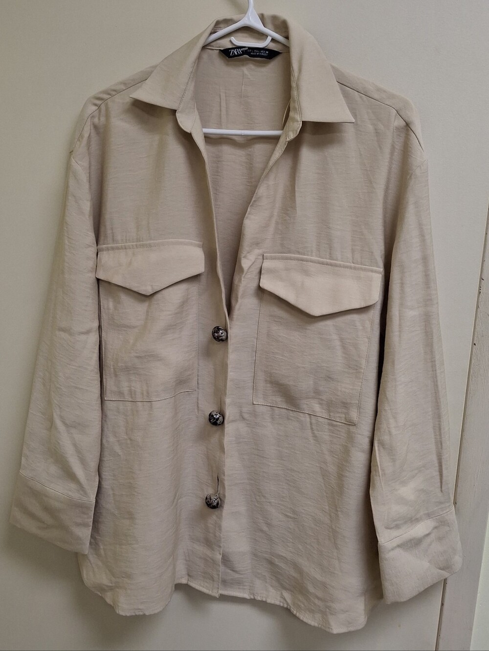 Zara Beige Utility Shirt Jacket with Flap Pockets